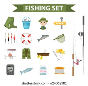 Fishing icon set, flat, cartoon style. Fishery collection objects, design elements, isolated on white background. Fisherman's tools with a fishing rod, tackle, bait, boat. Vector ilustration, clip-art