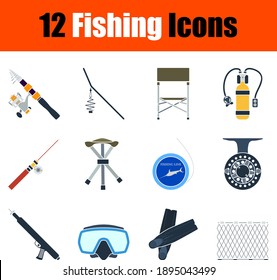Juego de iconos de pesca. Diseño plano. Ilustración vectorial totalmente editable. Texto expandido.