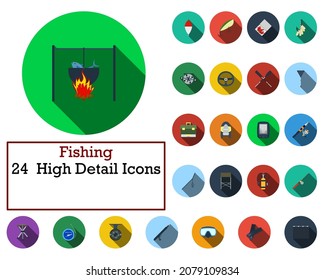 Fishing Icon Set. Flat Design With Long Shadow. Vector illustration.