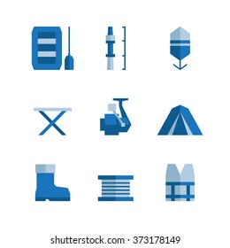 Fishing icon set, flat style.