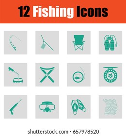 Fishing icon set. Green on gray design. Vector illustration.