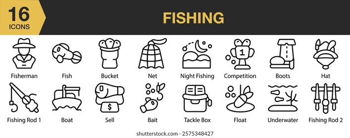 Fishing icon set. Includes fishing, hobby, fisherman, fish, lake, water, and More. Outline icons vector collection.