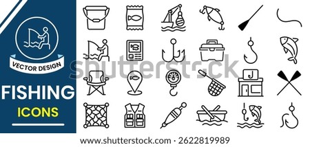 Fishing icon set. Fishing instrument line icon set. Linear editable fishing icon collection, fisherman, sea, pond, catch, hook, underwater creature, perch, silhouette.  Vector illustration