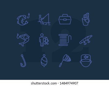 Fishing icon. Set of line icons on white background. Fish, catch, angling, harpoon. Fisherman concept. Vector illustration can be used for topics like leisure, recreation, hobby