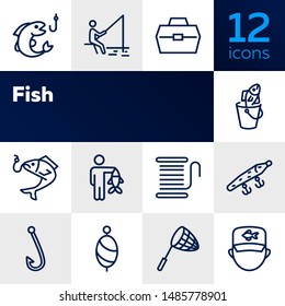 Fishing icon. Set of line icons on white background. Fish, catch, angling, harpoon. Fisherman concept. Vector illustration can be used for topics like leisure, recreation, hobby