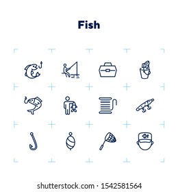 Fishing icon. Set of line icons on white background. Fish, catch, angling, harpoon. Fisherman concept. Vector illustration can be used for topics like leisure, recreation, hobby