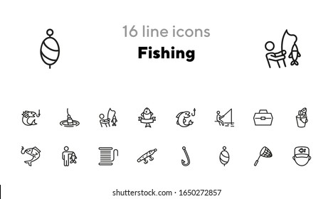 Fishing icon. Set of line icons on white background. Fish, catch, angling, harpoon. Fisherman concept. Vector illustration can be used for topics like leisure, recreation, hobby
