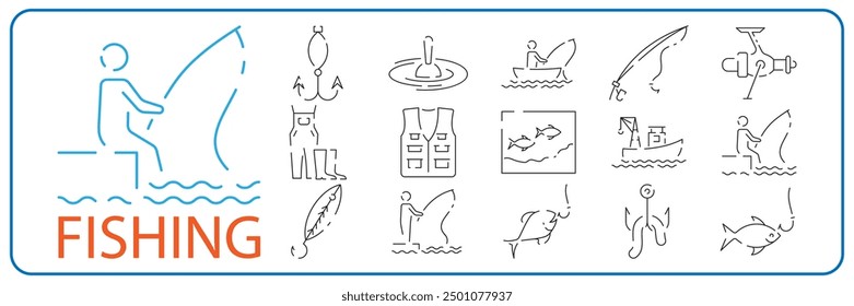 Fishing icon set of outdoor recreation including line, lure, lake, boat, dock, hook, pole, reel, worm, tackle box and clothing such as waders and a vest