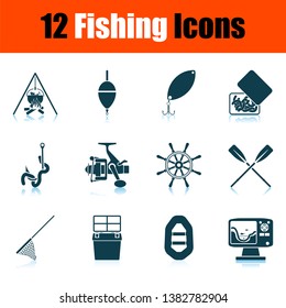 Fishing Icon Set. Shadow Reflection Design. Vector Illustration.