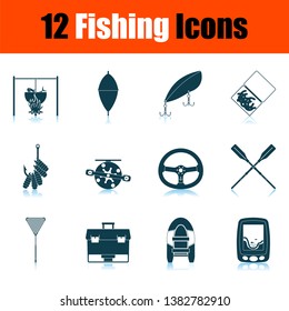 Fishing Icon Set. Shadow Reflection Design. Vector Illustration.
