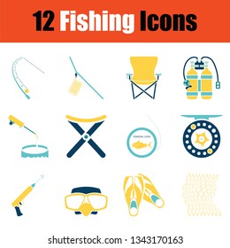 Juego de iconos de pesca. Esténcil de diseño en tonos azules y amarillos. Ilustración vectorial.