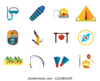 Fishing Icon Set. Summer Fishing Canned Fish Flippers Diving Mask And Snorkel Beach Camping Tent Campfire Fishing Rod Sleeping Bag Pocket Knife Compass Camping Pot