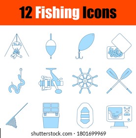 Fishing Icon Set. Thin Line With Blue Fill Design. Vector Illustration.