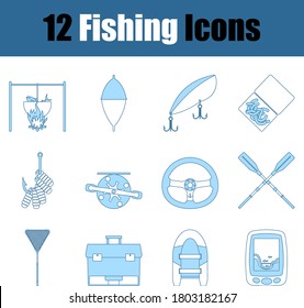 Juego de iconos de pesca. Línea Delgada Con Diseño De Relleno Azul. Ilustración vectorial.