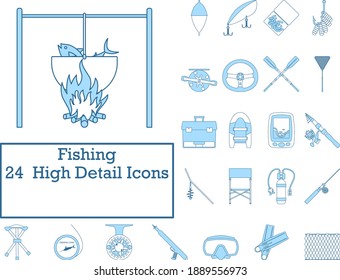 Fishing Icon Set. Thin Line With Blue Fill Design. Vector Illustration.