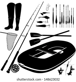 Fishing icon set. Fishing trip equipment vector silhouette collection isolated on white background.  