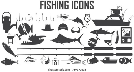 fishing icon set vector. Marlin, Spearfish, Sailfish,salmon,tuna,sonar