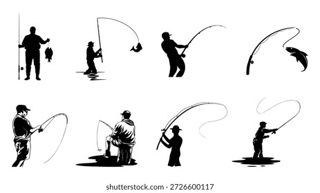 Ícone de pesca definido em estilo de silhueta vetorial mostrando várias poses de ângulo e artes para EPS exterior e modelos de recreação.