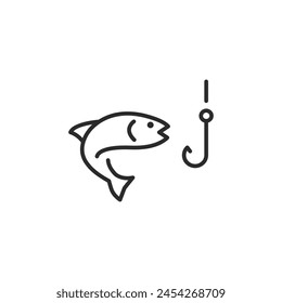 Fishing icon. Stylized image of a fish and a hook, representing fishing. Ideal for use in apps, websites, and signage related to fishing, outdoor activities, and sporting goods. Vector illustration