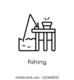 fishing icon. Trendy modern flat linear vector fishing icon on white background from thin line Camping collection, outline vector illustration