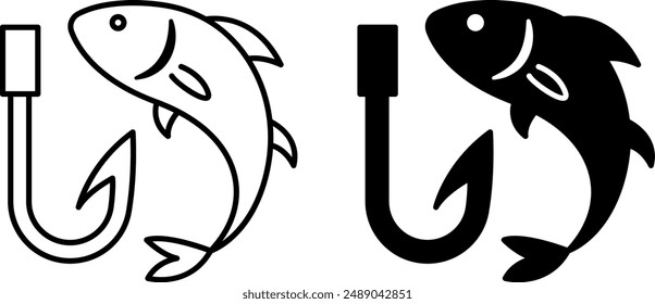 Fishing icons. Black and White Vector Icons of Hook and Fish. Camping and Tourism Concept