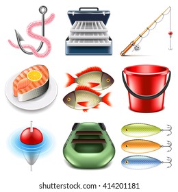 Fishing icons detailed photo realistic vector set