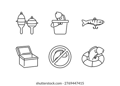 fishing icons featuring a classic tackle box, live bait bucket, fishing float, jar of bait, a No Fishing prohibition sign, and a fishing zone buoy.