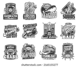 Fishing icons, fish catch tournament vector emblems, seafood market vector sign. Sea and ocean fishery tours, tackles and baits for lobster, squid or crab and shrimps, fisher catch equipment and rods