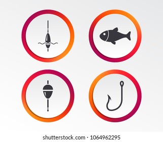 Fishing Icons. Fish With Fishermen Hook Sign. Float Bobber Symbol. Infographic Design Buttons. Circle Templates. Vector