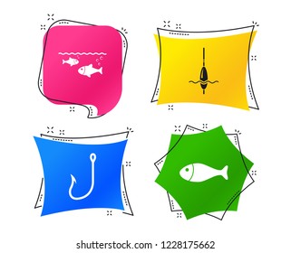 Fishing icons. Fish with fishermen hook sign. Float bobber symbol. Geometric colorful tags. Banners with flat icons. Trendy design. Vector