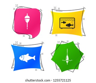 Fishing icons. Fish with fishermen hook sign. Float bobber symbol. Aquarium icon. Geometric colorful tags. Banners with flat icons. Trendy design. Vector