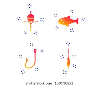Fishing icons. Fish with fishermen hook sign. Float bobber symbol. Random dynamic shapes. Gradient fishing icon. Vector