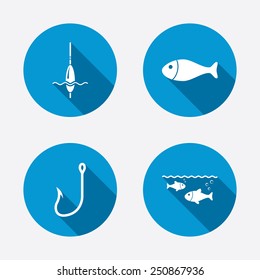 Fishing icons. Fish with fishermen hook sign. Float bobber symbol. Circle concept web buttons. Vector
