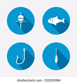 Fishing icons. Fish with fishermen hook sign. Float bobber symbol. Circle concept web buttons. Vector