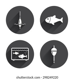 Fishing icons. Fish with fishermen hook sign. Float bobber symbol. Aquarium icon. Circles buttons with long flat shadow. Vector