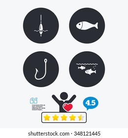 Fishing icons. Fish with fishermen hook sign. Float bobber symbol. Star vote ranking. Client like and think bubble. Quotes with message.