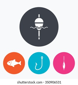 Fishing icons. Fish with fishermen hook sign. Float bobber symbol. Circle flat buttons with icon.