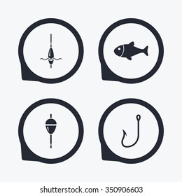 Fishing icons. Fish with fishermen hook sign. Float bobber symbol. Flat icon pointers.