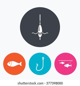 Fishing Icons. Fish With Fishermen Hook Sign. Float Bobber Symbol. Circle Flat Buttons With Icon.