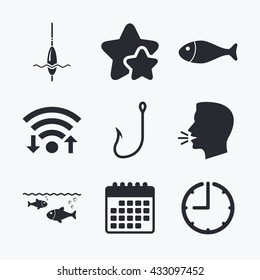 Fishing icons. Fish with fishermen hook sign. Float bobber symbol. Wifi internet, favorite stars, calendar and clock. Talking head. Vector