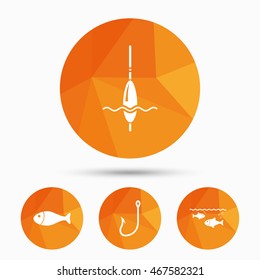 Fishing icons. Fish with fishermen hook sign. Float bobber symbol. Triangular low poly buttons with shadow. Vector