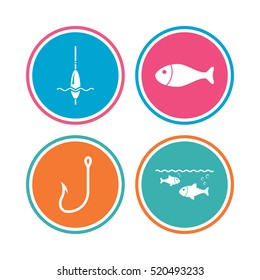 Fishing icons. Fish with fishermen hook sign. Float bobber symbol. Colored circle buttons. Vector