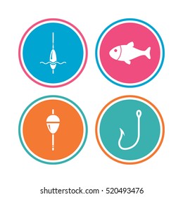 Fishing icons. Fish with fishermen hook sign. Float bobber symbol. Colored circle buttons. Vector