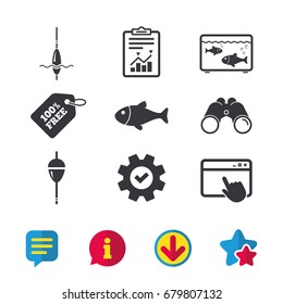 Fishing icons. Fish with fishermen hook sign. Float bobber symbol. Aquarium icon. Browser window, Report and Service signs. Binoculars, Information and Download icons. Stars and Chat. Vector