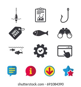 Fishing icons. Fish with fishermen hook sign. Float bobber symbol. Browser window, Report and Service signs. Binoculars, Information and Download icons. Stars and Chat. Vector