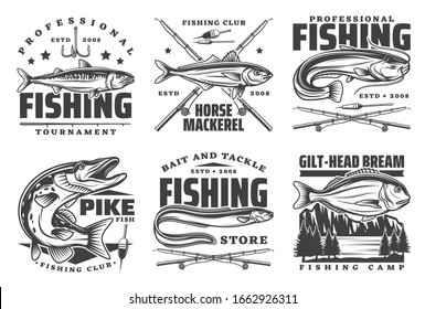 Fishing icons and fisherman club signs, sport tournament and fish catch lures, baits and tackles shop icons. Vector river sheatfish, pike and gilt-head bream, sea mackerel and eel fish