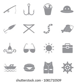 Fishing Icons. Gray Flat Design. Vector Illustration. 