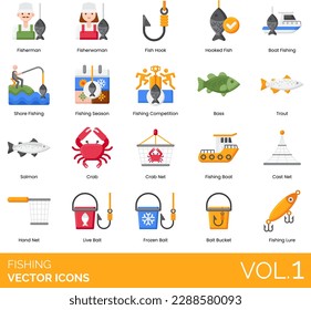 Fishing Icons including Fisherman, Fisherwoman, Fish Hook, Hooked Fish, Boat, Shore,  Season, Competition, Bass, Trout, Salmon, Crab, Crab Net