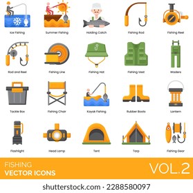 Fishing Icons including Fisherman, Fisherwoman, Fish Hook, Hooked Fish, Boat, Shore,  Season, Competition, Bass, Trout, Salmon, Crab, Crab Net