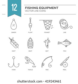 Fishing icons. Line style vector illustration. Icon collection. Rod, fly, bobber, tackle, hook and other gear for outdoor activity on the lake or in the ocean.Fishing equipment 